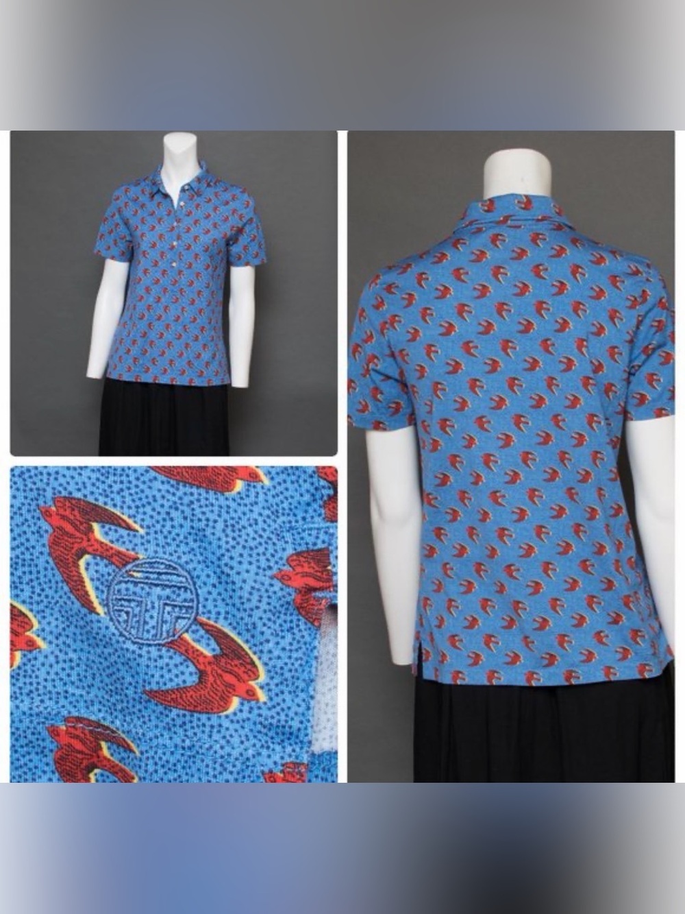 Tory Sport Blue Short-Sleeve Polo with Red Bird Print